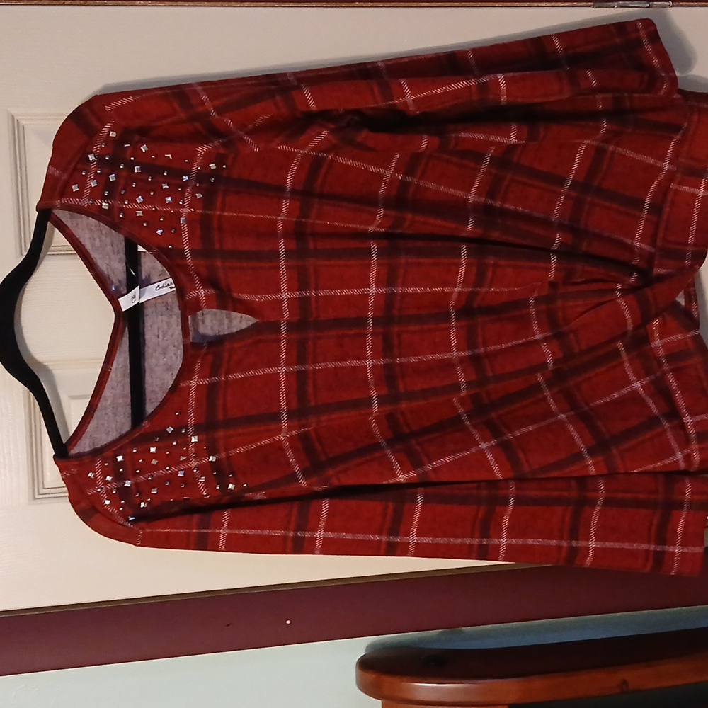 NY Collection Burgundy Plaid Top with Studded Accents